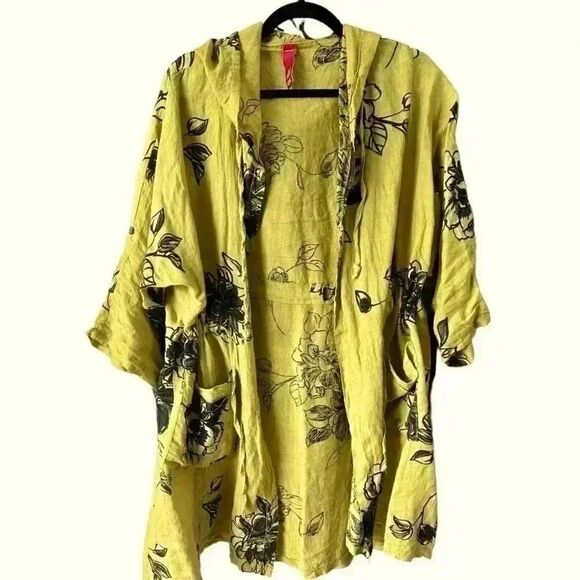Chartreuse Linen Open Front Kimono/ Wrap Floral Print. A summer gem. - Picture 4 of 9